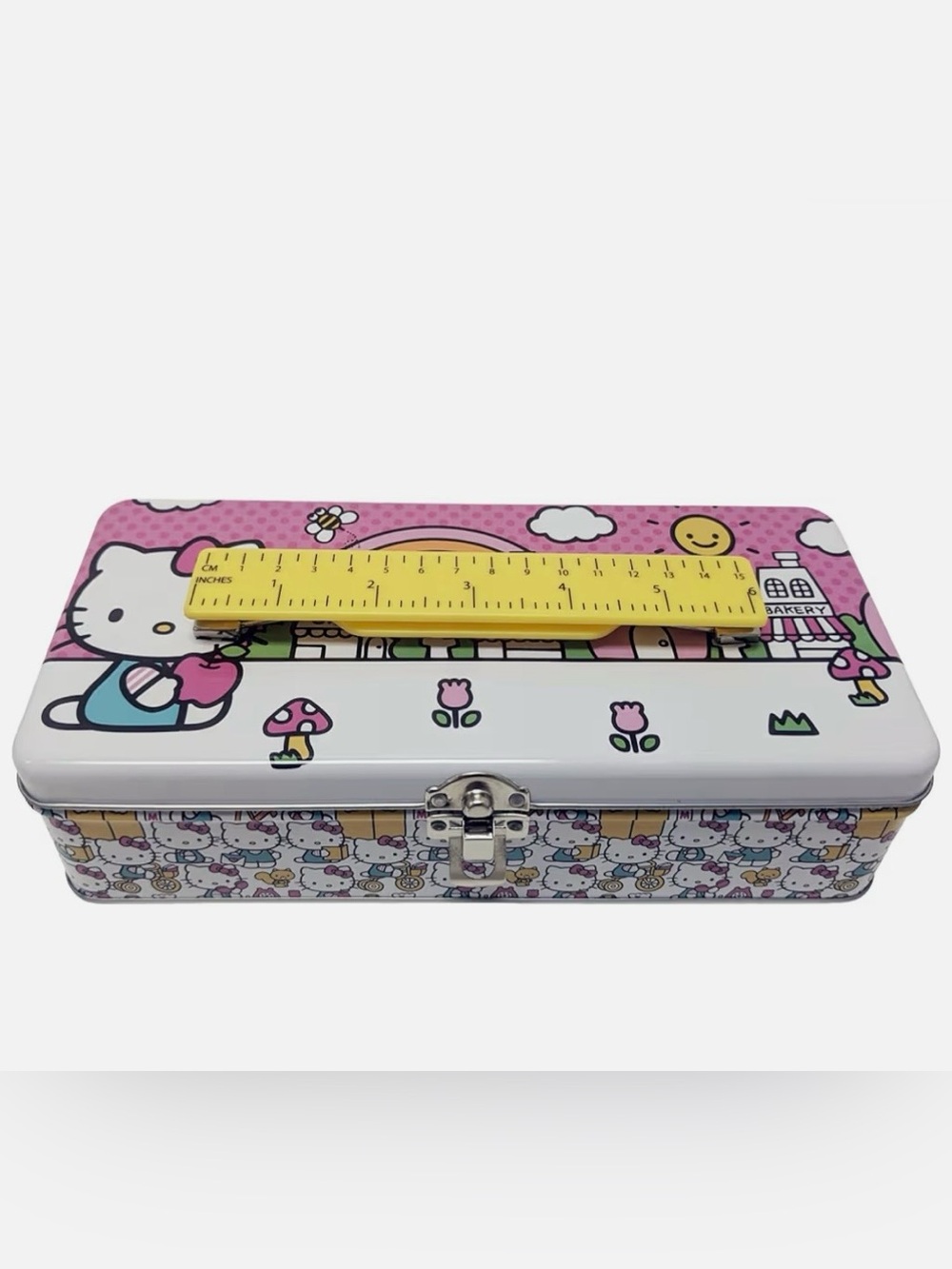 Hello Kitty Pink and White Metal Pencil Box with Yellow Ruler Accent NEW